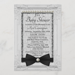 Damask Pearls en Bow Stropdas Baby shower Kaart