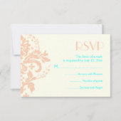 Damask perzik, aqua, ivoor bruiloft RSVP antwoordk (Voorkant)