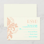 Damask perzik, aqua, ivoor bruiloft RSVP antwoordk (Voorkant / Achterkant)