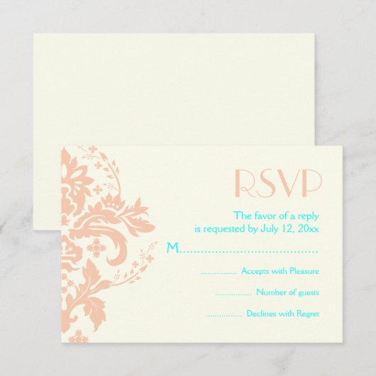 Damask perzik, aqua, ivoor bruiloft RSVP antwoordk (Voorkant / Achterkant)