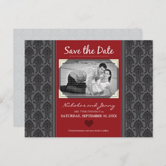 Damask Photo Cranberry Sla de datum op Aankondigingskaart (Voorkant / Achterkant)