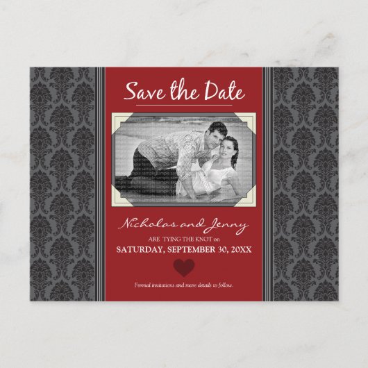 Damask Photo Cranberry Sla de datum op Aankondigingskaart (Voorkant)