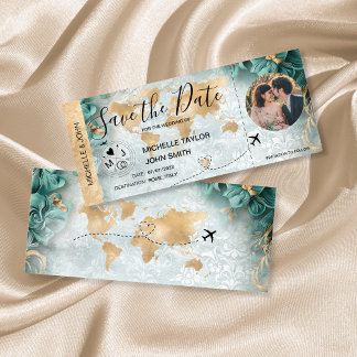 Damask Photo Save the Date Boarding Pass Wereldkaa Kaart