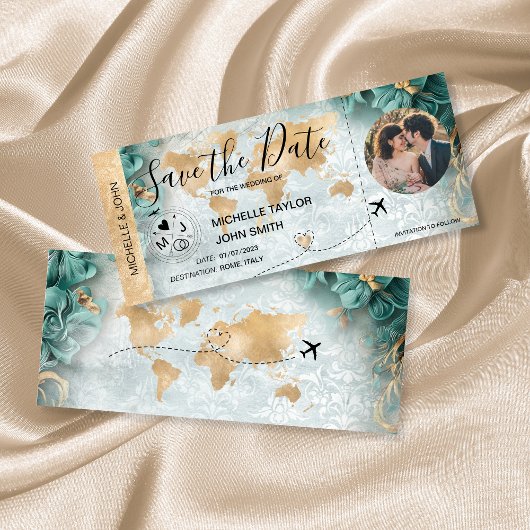 Damask Photo Save the Date Boarding Pass Wereldkaa Kaart