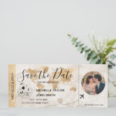 Damask Photo Save the Date Boarding Pass Wereldkaa Kaart (Staand voorkant)