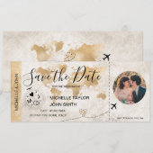 Damask Photo Save the Date Boarding Pass Wereldkaa Kaart (Voorkant / Achterkant)
