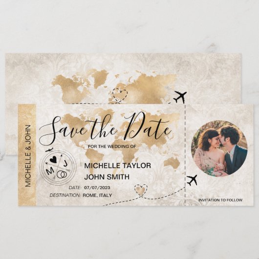 Damask Photo Save the Date Boarding Pass Wereldkaa Kaart (Voorkant / Achterkant)