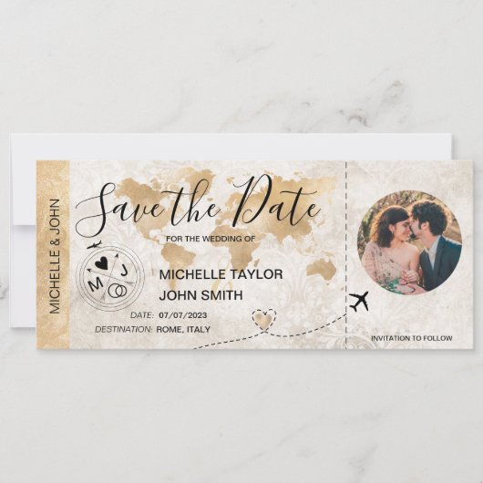 Damask Photo Save the Date Boarding Pass Wereldkaa Kaart (Voorkant)