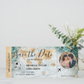 Damask Photo Save the Date Boarding Pass Wereldkaa Kaart (Staand voorkant)