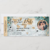 Damask Photo Save the Date Boarding Pass Wereldkaa Kaart (Voorkant)