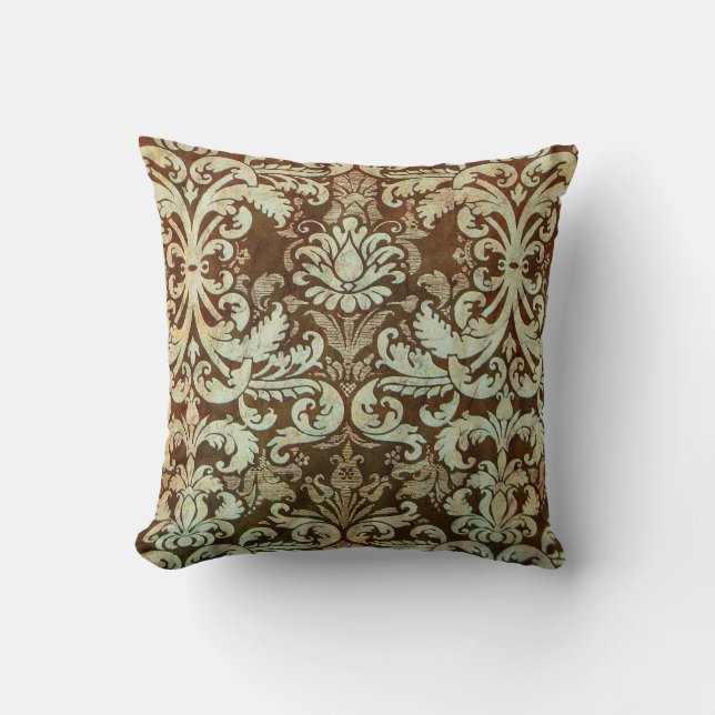  Damask Pillow Elegant Green Brown Kussen (Voorkant)