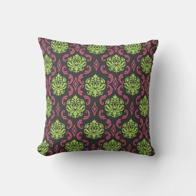 Damask Pillow - Hot Pink, Green en Black Cushion Kussen (Voorkant)