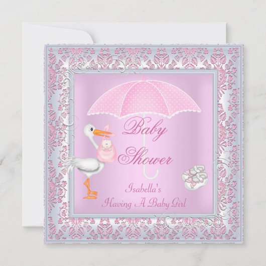 Damask Pink Baby shower Girl Umbrella Kaart (Voorkant)