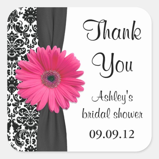 Damask Pink Daisy Wedding Vrijgezellenfeest Dank u Vierkante Sticker (Voorkant)