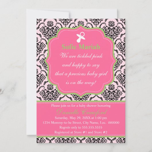 Damask Pink en Green Baby shower Kaart (Voorkant)