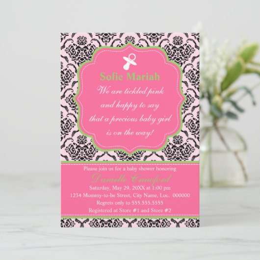 Damask Pink en Green Baby shower Kaart (Staand voorkant)