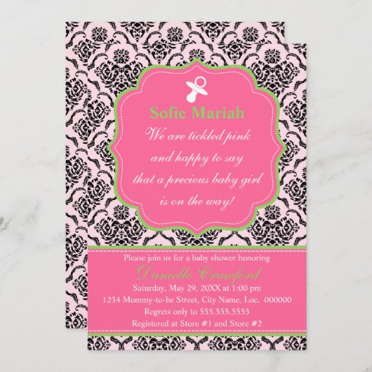 Damask Pink en Green Baby shower Kaart (Voorkant / Achterkant)