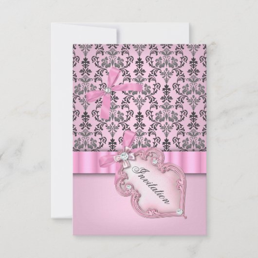 Damask Pink Grey Silver Birthday Party Kaart (Voorkant)