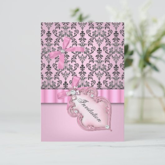 Damask Pink Grey Silver Birthday Party Kaart (Staand voorkant)