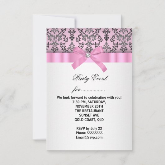 Damask Pink Grey Silver Birthday Party Kaart (Achterkant)