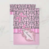 Damask Pink Grey Silver Birthday Party Kaart (Voorkant / Achterkant)