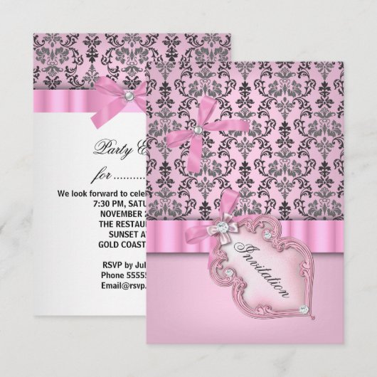 Damask Pink Grey Silver Birthday Party Kaart (Voorkant / Achterkant)