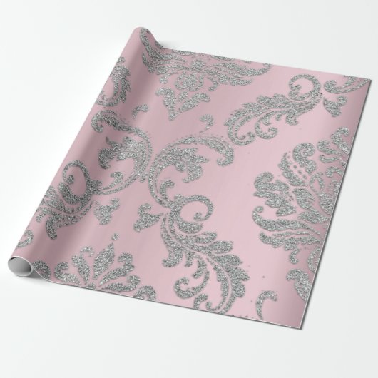 Damask Pink Pastel Royal Metallic Silver Glitter Cadeaupapier (Uitgerold)