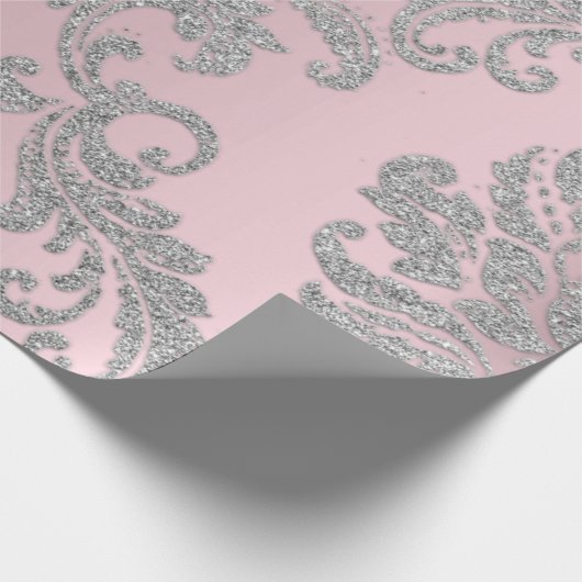 Damask Pink Pastel Royal Metallic Silver Glitter Cadeaupapier (Hoek)