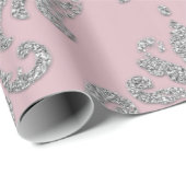 Damask Pink Pastel Royal Metallic Silver Glitter Cadeaupapier (Rol Hoek)