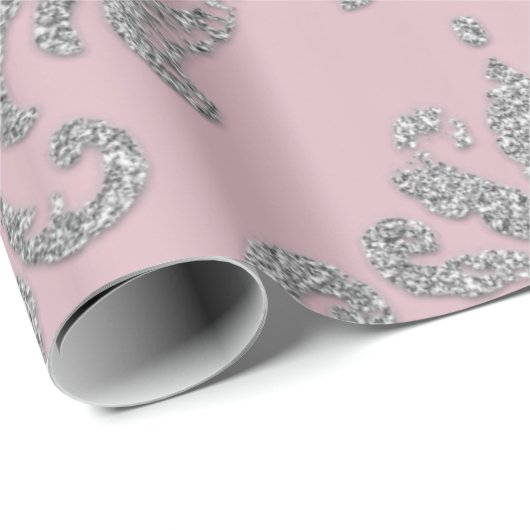 Damask Pink Pastel Royal Metallic Silver Glitter Cadeaupapier (Rol Hoek)