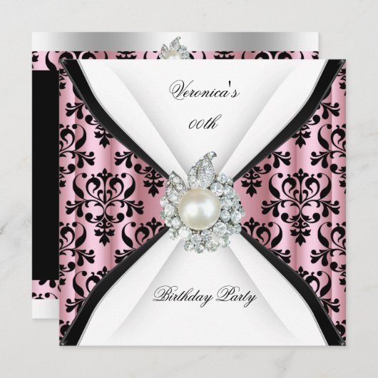 Damask Pink Pearl Diamond Birthday Party Kaart (Voorkant / Achterkant)