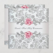 Damask Pink Rose Girls Eerste Communie Kaart (Voorkant / Achterkant)