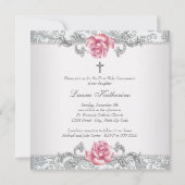 Damask Pink Rose Girls Eerste Communie Kaart (Achterkant)