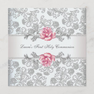 Damask Pink Rose Girls Eerste Communie Kaart