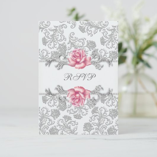 Damask Pink Rose Girls Eerste Communie RSVP (Staand voorkant)