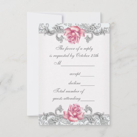 Damask Pink Rose Girls Eerste Communie RSVP (Achterkant)