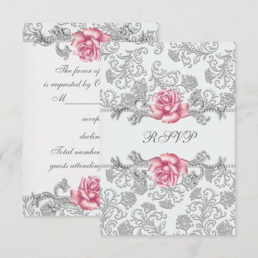 Damask Pink Rose Girls Eerste Communie RSVP (Voorkant / Achterkant)