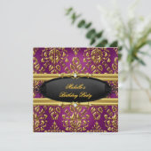 Damask Plum Verjaardagsfeest Goud Zwart Diamant Kaart (Staand voorkant)