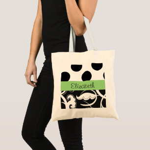 Damask, Polka Dots, Black and White, Jouw naam Tote Bag