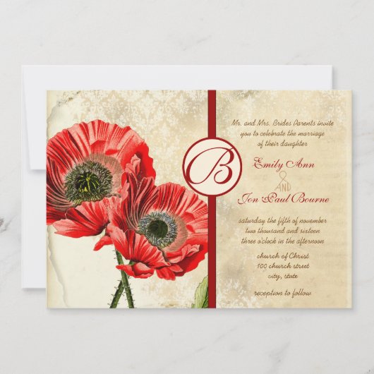  Damask Poppy Red Wedding Invite Kaart (Voorkant)