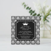 Damask Princess Crown Birthday Party Invitation Kaart (Staand voorkant)