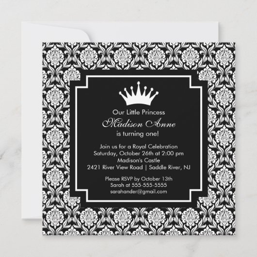 Damask Princess Crown Birthday Party Invitation Kaart (Voorkant)