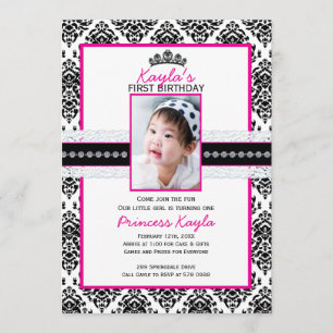 Damask Princess Photo Birthday Invitations 5X7 Kaart