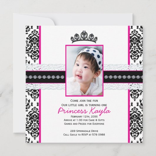 Damask Princess Photo Birthday Invitations 5X7 Kaart (Voorkant)