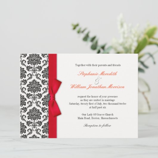 Damask Red Bow Wedding Invitation Kaart (Staand voorkant)