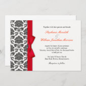 Damask Red Bow Wedding Invitation Kaart (Voorkant / Achterkant)