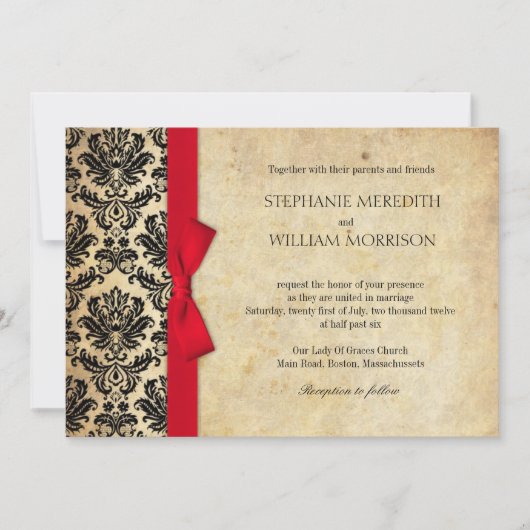 Damask  Red Bow Wedding Invitation Kaart (Voorkant)