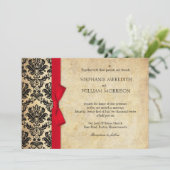 Damask  Red Bow Wedding Invitation Kaart (Staand voorkant)