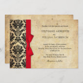 Damask  Red Bow Wedding Invitation Kaart (Voorkant / Achterkant)