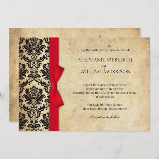 Damask  Red Bow Wedding Invitation Kaart (Voorkant / Achterkant)